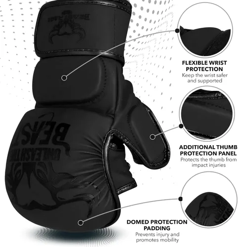 Miniatura 2 de BEAST RAGE Guantes MMA para Hombres Mujeres, Muñequeras Ajustables de Palma Abierta para Artes Marciales Grappling Sparring para Muay Thai Lucha