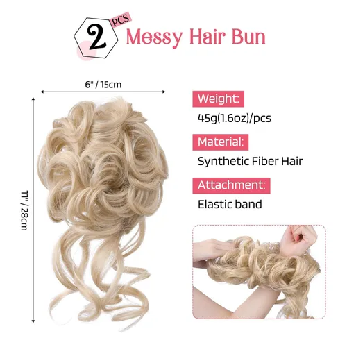 Miniatura 2 de HOOJIH 2 piezas de postizo de moño despeinado, recogido despeinado con mechones, extensiones de moño de cabello ondulado y rizado, envoltorio