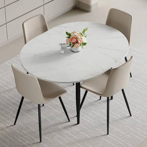 Miniatura 8 de Juego de mesa de comedor extensible de 42 a 54 pulgadas para 4, juego de mesa de comedor ovalada redonda para 4, mesa de cocina blanca con sillas 2º