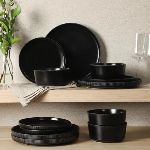 Miniatura 7 de Gibson Home Dempsey Road - Juego de vajilla de gres de 12 piezas – Servicio para 4, platos y cuencos redondos negros, juego moderno de platos