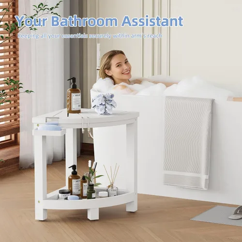 Miniatura 5 de Taburete de ducha esquinero de bambú de 2 niveles para afeitar piernas, banco impermeable con estante de almacenamiento y jabonera, reposapiés Blanco