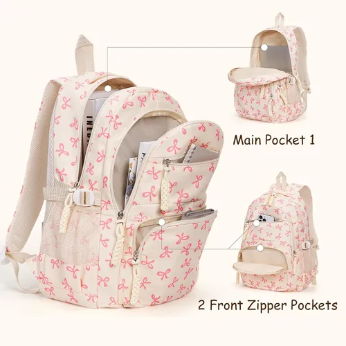 Miniatura 3 de Mochila con lazo para mujer, mochila kawaii de nailon coquette, juego de 3 piezas, linda mochila para computadora portátil universitaria, mochila