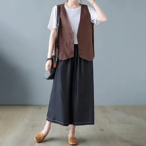 Miniatura 22 de COTECRAM Chaleco de lino de algodón para mujer, casual, sin mangas, con botones, ligero, para verano, holgado, ropa de abrigo
