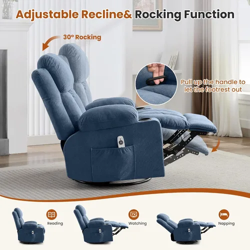 Miniatura 9 de Silla reclinable giratoria con masaje por vibración y calor, reclinable de 150° y balanceo suave, capacidad de 350 libras con bolsillo lateral