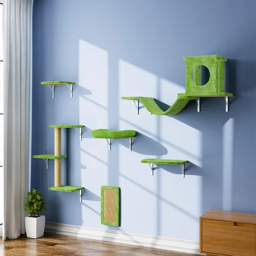 Miniatura 14 de NUNU LAB Juego de muebles para gatos montados en la pared, juego de 6 piezas para escalar con casa, puente, escalones, tabla rascadora - Paredes