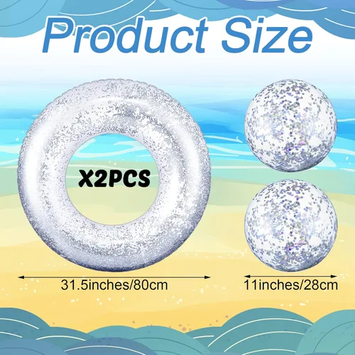 Miniatura 5 de Hungdao 4 unidades de flotador inflable con purpurina para piscina, anillo de natación con confeti y bola de playa con purpurina, pelota de playa