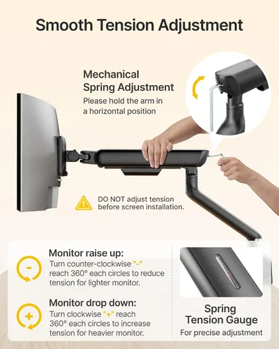 Miniatura 9 de monTEK Brazo de monitor dual con resorte mecánico para pantallas de 17 a 35 pulgadas, aluminio de grado aeroespacial, abrazadera en C y soporte