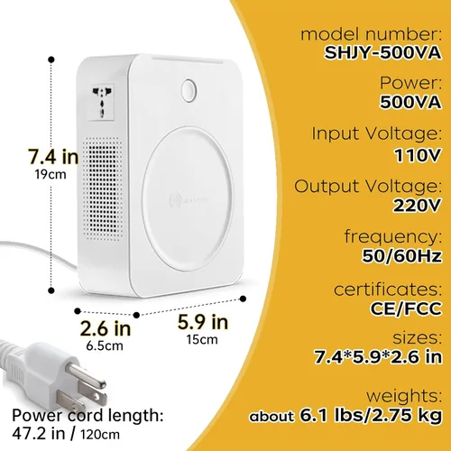 Miniatura 5 de SUNSHUN Convertidor de 500 W 110 V a 220 V Transformador de voltaje elevador 110 V/120 V a 220 V/240 V con 2 enchufes de salida