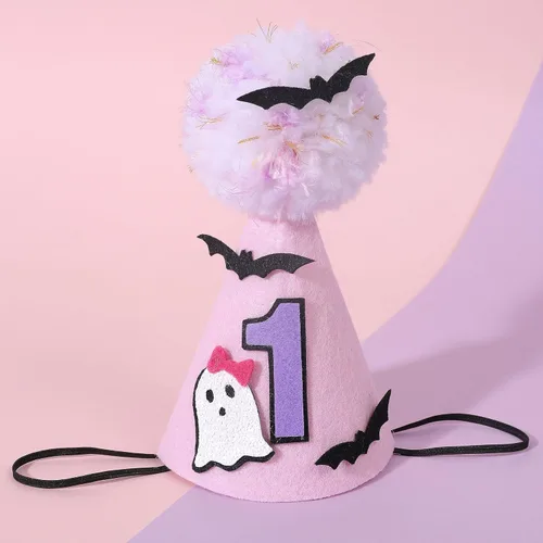 Miniatura 4 de Sombrero de fantasma rosa de Halloween para primer cumpleaños con murciélagos, corona espeluznante de un cumpleaños, bonita decoración de Halloween