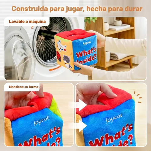 Miniatura 5 de JoyCat Juguetes para bebés de 6 a 12 meses - Caja misteriosa de tela suave con 10 objetos sensoriales, sonajero, papel arrugado, espejo - ¿Qué hay