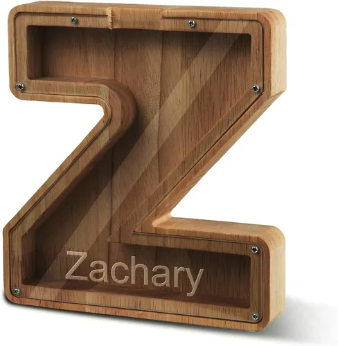 Alcancía con nombre personalizado, 26 letras láser con texto personalizado, banco de monedas de madera, significado educativo, alcancía con nombre