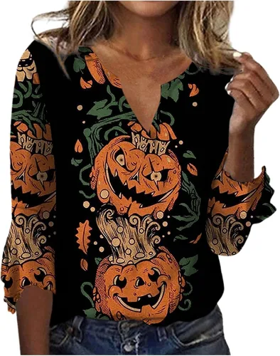 34 Length Sleeve Womens Tops Loose Casual Bat Print Shirts Halloween Graphic Tee Comfy V Neck Plus Size T Shirt Lightning Deals of Today