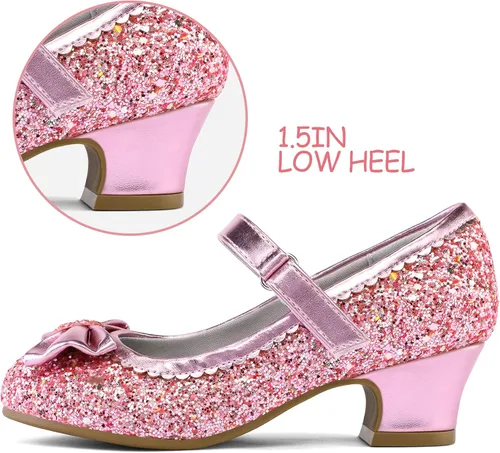 Miniatura 4 de K KomForme Mary Jane - Zapatos de vestir para niña, con purpurina de 1.5 pulgadas, tacón bajo, para boda, fiesta, princesa, zapatos para niños