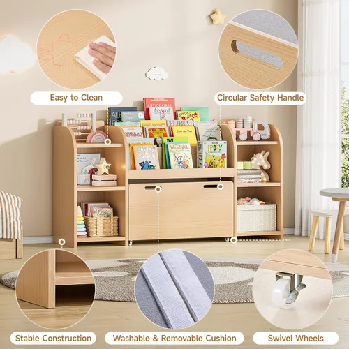 Miniatura 9 de ONBRILL Estantería para niños con rincón de lectura, organizador de almacenamiento de juguetes de 55.2 pulgadas, 6 cubos de almacenamiento