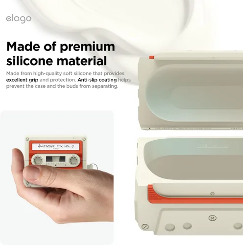 Miniatura 4 de elago Compatible con Samsung Galaxy Buds 3 Pro y 3 y 3 FE Funda, funda con diseño de cinta de casete con mosquetón, protección completa, accesorios