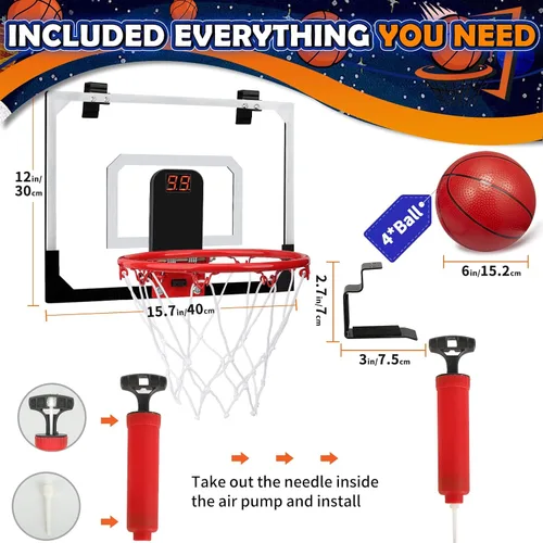 Miniatura 7 de Mini juego de aro de baloncesto para niños y adultos, aro de baloncesto de montaje en pared para puerta con 4 pelotas de baloncesto pequeñas