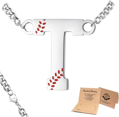 Miniatura 15 de QINJIEJIE Collar de béisbol inicial A-Z con letras, accesorios deportivos, colgante de encanto de béisbol, joyería de cadena de acero inoxidable 2-P