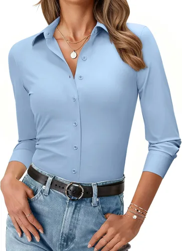 Miniatura 9 de Camisa con botones para mujer, ajustada, elástica, sin arrugas, para mujer, de manga larga, con cuello, blusa de trabajo para uso casual