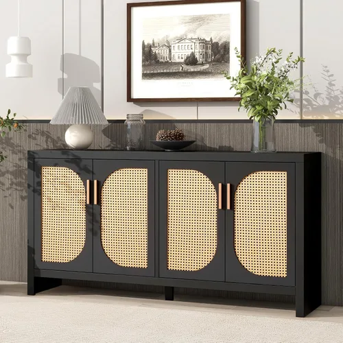 Miniatura 7 de Linique Moderno soporte de TV para TV de 65 pulgadas con puertas de ratán de polietileno y estantes ajustables, armario de almacenamiento