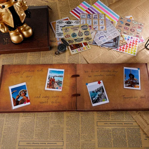 Miniatura 5 de Álbum de fotos para álbumes de recortes Nuestro Libro de Aventura, libro de memorias de cuero con palabras en relieve en 3D con 80 páginas