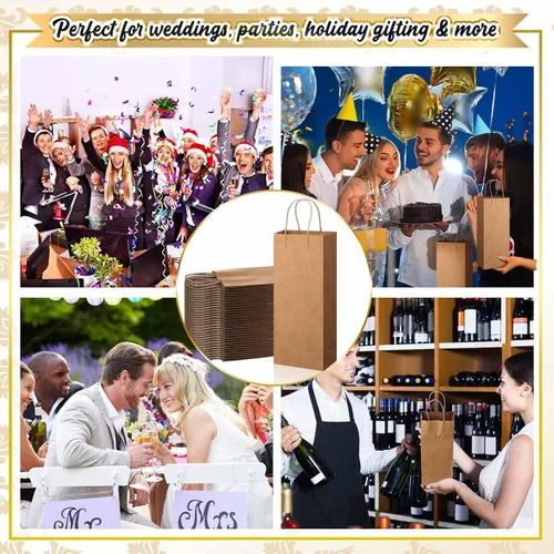 Miniatura 7 de Handepo 50 bolsas de papel kraft para vino con asas prácticas de 13 x 5.3 x 3.3 pulgadas, bolsas de compras para pequeñas empresas (marrón)