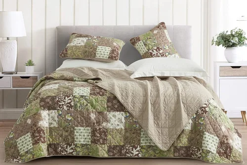 Miniatura 3 de Chezmoi Collection Leilani - Juego de edredón de algodón lavado bohemio de 3 piezas, tamaño Queen, ropa de cama acolchada bohemia marrón, gris topo