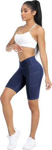 Miniatura 4 de WHOUARE Paquete de 4 pantalones cortos de yoga con bolsillos para mujer, cintura alta, atléticos, correr, entrenamiento, gimnasio, control de abdomen