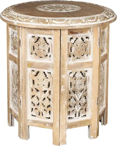 Mesa auxiliar de madera, mesa auxiliar redonda tradicional, mesa auxiliar redonda moderna tallada a mano, octogonal de 18 pulgadas, color blanco