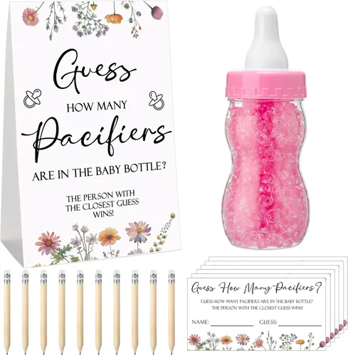 Miniatura 38 de Roowest 512 piezas de juegos de baby shower Adivina cuántos chupetes letrero, 100 pequeños juegos de adivinanzas, 10 lápices HB, botella de leche