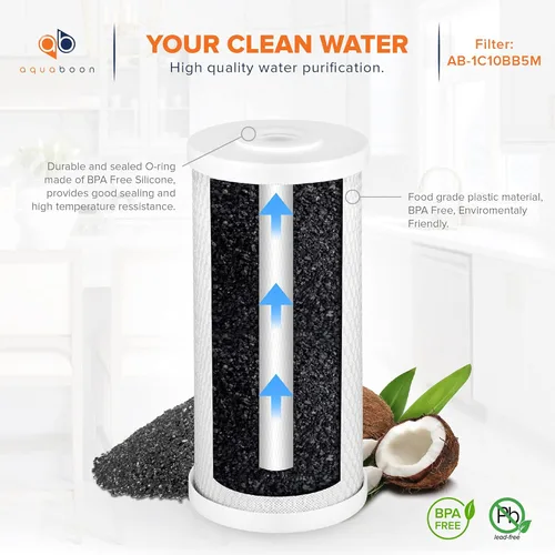 Miniatura 5 de Aquaboon Big Blue Micron 5 cartuchos de carbono de cáscara de coco para filtro de agua de 10 pulgadas x 4 1/2 pulgadas