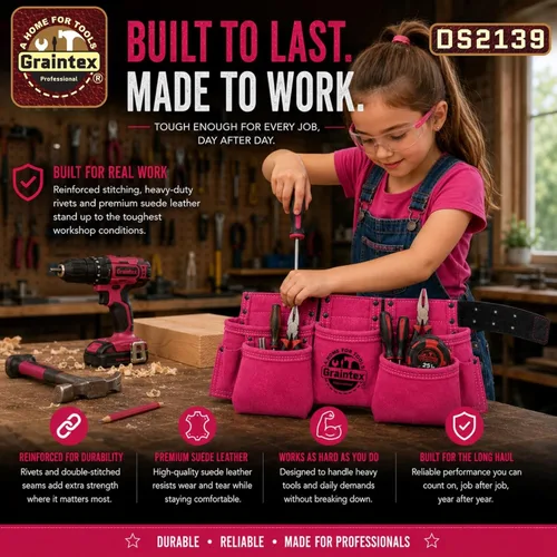 Miniatura 9 de Graintex DS2139: Cinturón portaherramientas de 9 bolsillos para niños en color rosa, cuero de ante, cinturón real para niños, delantal