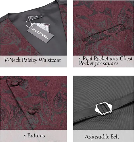 Miniatura 3 de COOFANDY Conjunto de chaleco de cachemira para hombre 3 piezas chaleco formal chaleco de esmoquin con bolsillo cuadrado