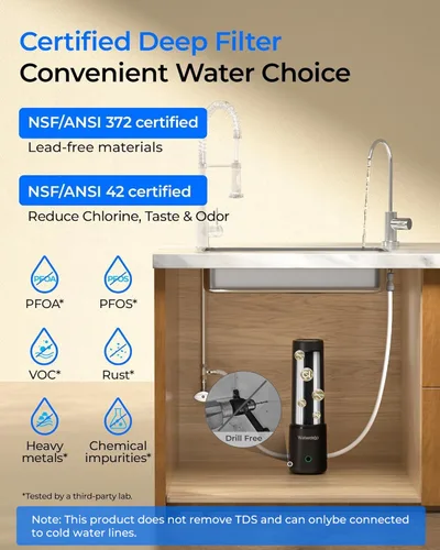 Miniatura 2 de Waterdrop 10UB PRO - Filtro de agua para debajo del fregadero, no requiere perforación, recordatorio de tiempo, con grifo de níquel cepillado, Oscuro