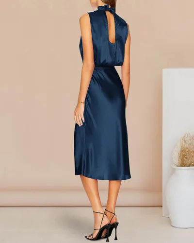 Miniatura 5 de PRETTYGARDEN Vestido formal de satén sin mangas con cuello alto falso para mujer, cintura elástica, abertura por debajo de la rodilla, vestidos