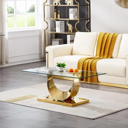 Miniatura 67 de Mesa de centro de cristal de lujo, mesa de centro de sofá de 47 pulgadas con marco de acero inoxidable dorado y parte superior de vidrio negro, mesa