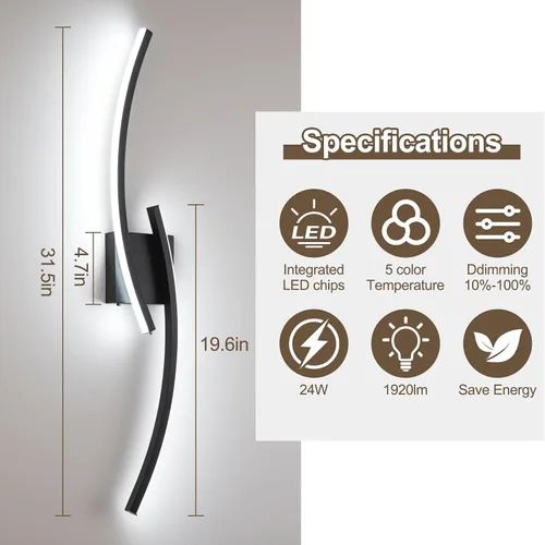 Miniatura 6 de Aplique de Pared Moderno Cableado, Luces LED de Pared Modernas de 4000K para Sala de Estar de 31.5 Pulgadas, Accesorios de Luz de Pared Negros