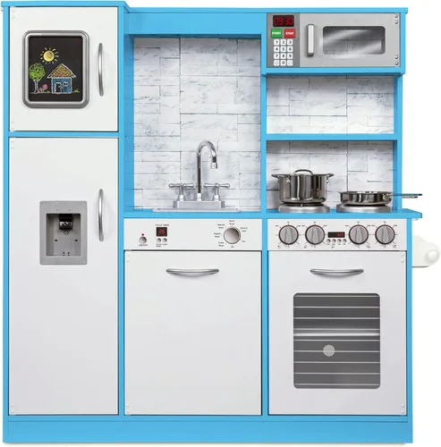 Lil' Jumbl Set de Cocina Infantil, Cocina de Madera de Juguete, Heladera con Hielo Operada a Batería y Microondas con Sonido Realista, Incluye Ollas