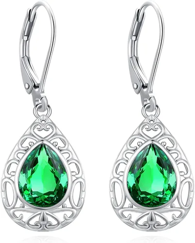 Miniatura 123 de Aretes colgantes de plata de ley con diseño de árbol de la vida, flor, abeja, animales, gato, colibrí, piedra lunar, turquesa, aretes con cierre