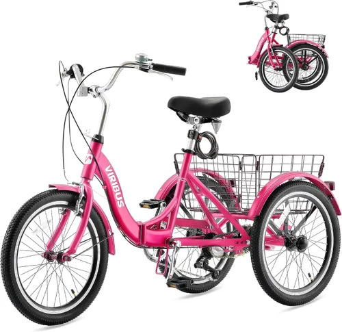 Miniatura 11 de VIRIBUS Triciclo plegable para adultos, triciclo plegable de 20 pulgadas para adultos de 1 o 7 velocidades con cesta, bicicletas plegables de 3