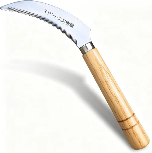 Miniatura 10 de Hoz de hierba japonesa azada de deshierbe herramienta de mano para jardín, acero de alta resistencia con mango de madera maciza (gris)
