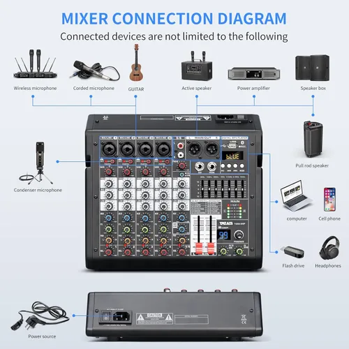 Miniatura 6 de Mezclador de audio, mezclador profesional de DJ de 6 canales con efectos DSP de 99 bits, ecualizador de 7 bandas, alimentación fantasma de 48 V