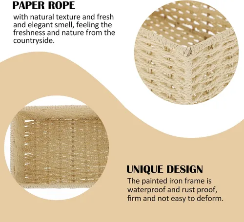Miniatura 3 de VOSAREA Cesta de almacenamiento de ratán con tapa, cuerda de papel, organizador de escritorio, cesta de mimbre para dormitorio, organizador