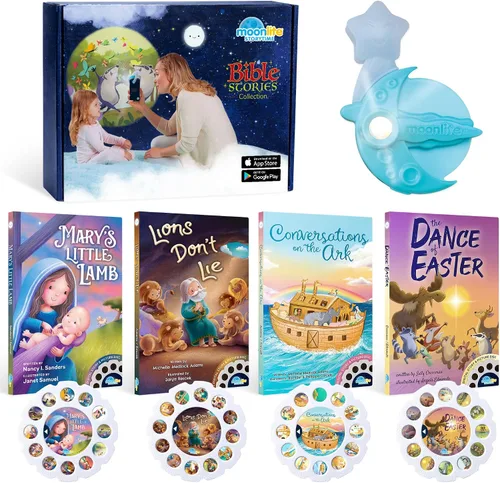 Colección de historias bíblicas de Moonlite para niños (paquete de 4), Danza de Pascua, Los leones no mienten, La pequeña oveja de María,