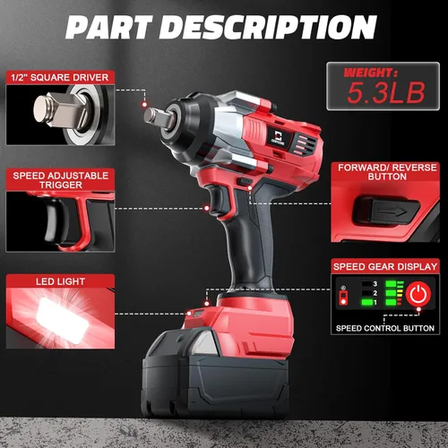 Miniatura 6 de Cerycose Llave de Impacto Inalámbrica de 1/2 Pulgada Compatible con Batería Milwaukee de 18V Sin Escobillas de Alto Torque Pistola de Impacto