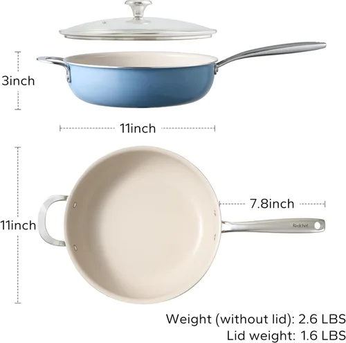 Miniatura 6 de Redchef Sartén Salteadora de Cerámica con Tapa, Sartén Profunda Antiadherente para Freír, Olla Jumbo de 5 Cuartos con Mango Auxiliar y Tapa, Sartén