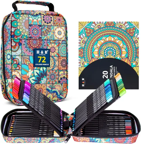 H & B - Juego de lápices de colores con libro para colorear Mandala, borrador y sacapuntas - Perfecto para dibujar y colorear - núcleos suaves a