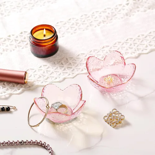 Miniatura 3 de Regalos para mujeres, plato para baratijas con flores, plato para joyería de vidrio rosa, soporte para anillos, bandeja de joyería, decoración