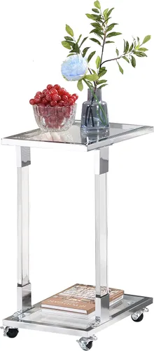 Miniatura 6 de Mesa auxiliar de cristal plateado, mesas auxiliares cromadas en forma de C con ruedas móviles, mesa acrílica, mesa C deslizante, debajo del sofá