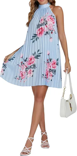 Miniatura 6 de Vrtige Vestido corto de mujer con cuello halter floral, plisado, sin mangas, dobladillo fluido, acampanado, para mujer
