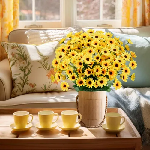 Miniatura 5 de 8 paquetes de girasoles artificiales de seda, mini girasoles de seda, flores amarillas falsas, margaritas gerberas, flores para interiores